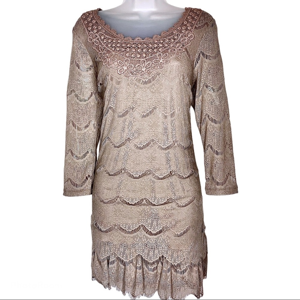 Style & Co Lace Overlay Ruffle Hem Long Sleeve Mini Dress Tan S Cocktail Party - Picture 5 of 15